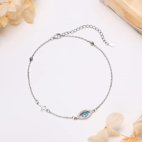 Zelores 925 Sterling Silver Anklets For Women Evil Eye Cross Adjustable Anklet With Bead Dainty Evil Eye Ankle Bracelets Jewelry Gift (Silver-Evil Eye) #TOP4
