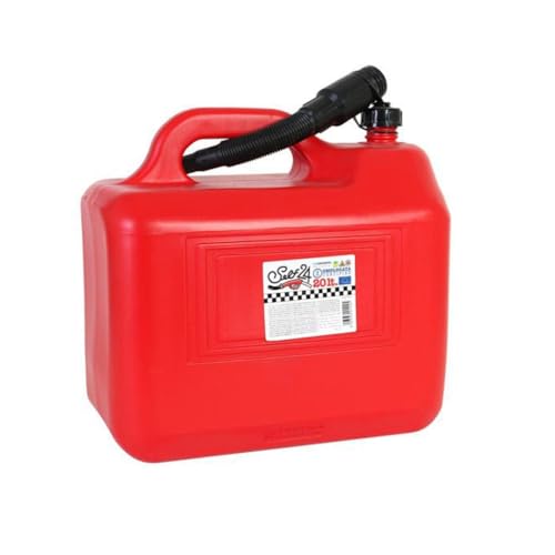 Tradineur - Bidón gasolina con embudo 20 litros, tanque, garrafa combustible de plástico con cánula, tubo flexible (Rojo - 35 x 37 x 21 cm)
