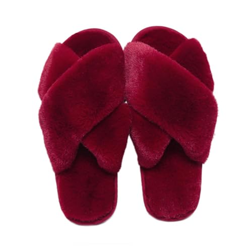 Milaloko Women Fluffy Cross Band House Slippers Fuzzy Open Toe Slippers Cozy Plush Slip-on Home Shoes Indoor Outdoor, Red, 38-39