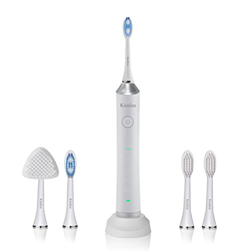 Kissliss Rechargeable Electric Toothbrush Sonic-tech 5 Bushing Functions 48,000 Vibrations Rate with 4 Replacement Brush Heads and 1 Facial Head - White