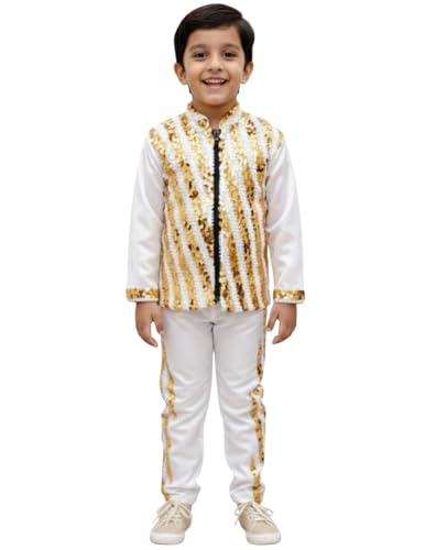 Image of BookMyCostume White & Golden Sequin Western Dance Costume for Boys | Stylish Shiny Full Sleeve Shirt and Pant Set with Zipper Closure | Annual Dance Costume for boys | Fancy Dress for Boys | 7-8 Years