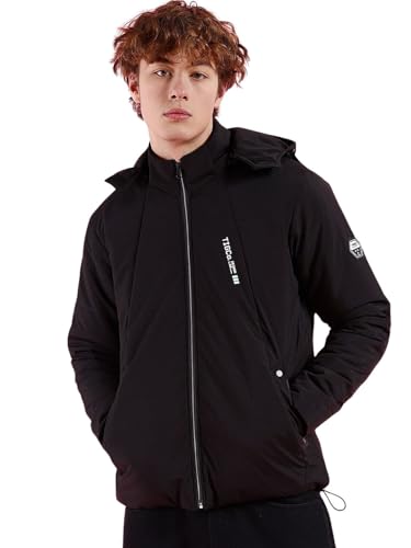 Image of The Indian Garage Co Men Black Regular Fit Solid Hooded Bomber Jacket