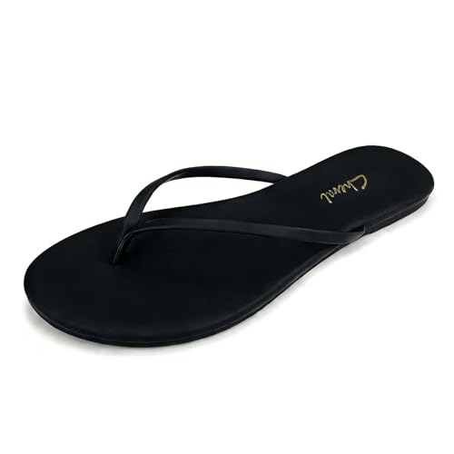 Scecocrs Black Flip Flops for Women Beach Thong Sandals Summer Comfort Slip On Walking Leather Slide Sandals