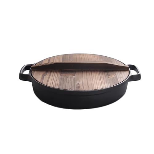Rutexc鋳鉄製スキレットダッチオーブン IH 対応 無塗装 平底設計 炒め煮込みベーキング対応 家庭用キャンプ用 蓋付き一体型調理鍋 具体的な製品寸法については寸法図をご参照ください。 (28cm,木製カバー)