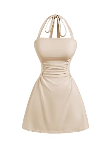 SOLY HUX Women's Summer Halter Mini Dress Backless Sleeveless Ruched A Line Graduation Dresses Sundress Back to School