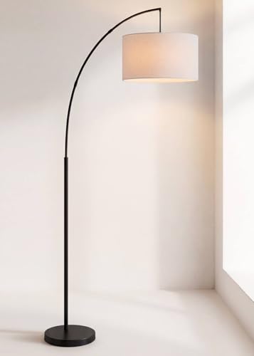 360 Lighting Cora Mid Century Modern Arc Floor Lamp 72' Tall Black Metal White Linen Fabric Drum...