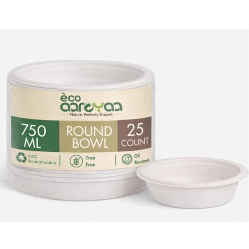Image of Eco Aaroyaa Disposable Bagasse Bowls - 750 ML - Pack of 25 Biodegradable Disposable Bowls - Eco-Friendly Dip, Sauce, Chutney & Dessert Cups - Leak-Resistant Small Serving Bowl (Pack of 25)