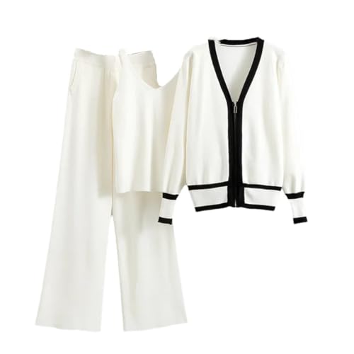 Ensemble tricot 3 pièces femme haut de gamme blanc M gilet zippé et pantalon fluide élégant