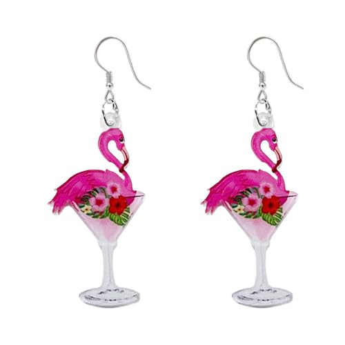Cute Wine Glass Flamingo Flower Pink Dangle Drop Earrings for Women Teen Girls Dainty Lightweight Acrylic Animal Hook Statement Dangling Hanging Hypoallergenic Fashion Jewelry Party Valentine's Day