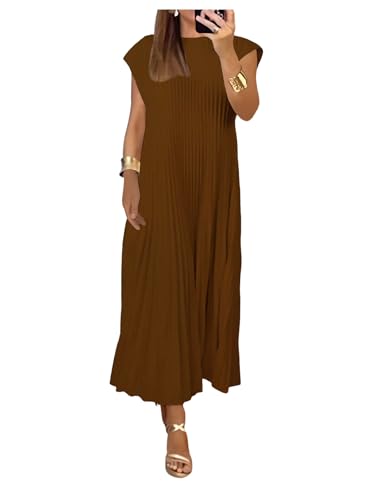 Image of GORGLITTER Women's Pleated Flowy Chiffon Church Dresses Elegant Summer Short Sleeve Wedding Guest Maxi Dress Outfits