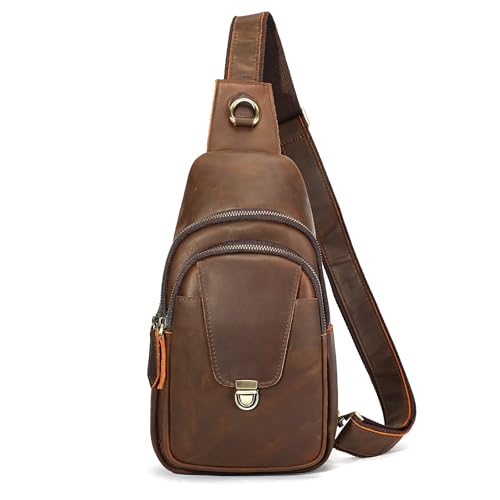 Image of NIUCUNZH Genuine Leather Sling Bag Front Metal-Latch Crossbody Bags Handmade Vintage Chest Shoulder Backpack for Women Men