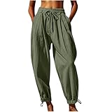 SYDUZAX LäSsige Einfarbige Cropped-Hose Aus Baumwolle Und Leinen Imitiert FüR Damen Im FrüHling Und Sommer Mit Zwei Taschen Damenhose Kordelzug Elastische Taille Hose Elegant Leicht Lockere Passform