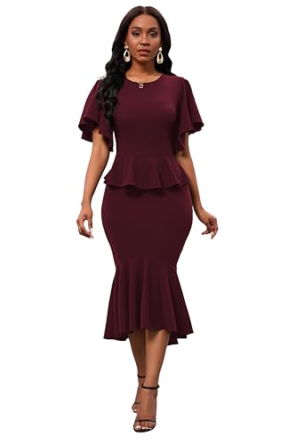 Image of Womens Summer Ruffle Short Sleeve Fishtail Dress Evening Cocktail Formal Peplum Midi Mermaid Dresses Elegant