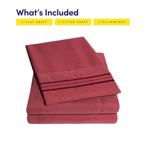 Image of Sweet Home Collection Sheet Set, Microfiber, Burgundy, Twin XL - 3 Piece, Deep Pocket, Wrinkle & Fade Resistant