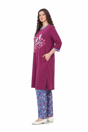 Image of MALAQ Women's Cotton Night Suit Set - Soft Hosiery Sleepwear with 3 /4th Sleeve Printed Long Top & Pajama | Round Neck Nightwear for Ladies