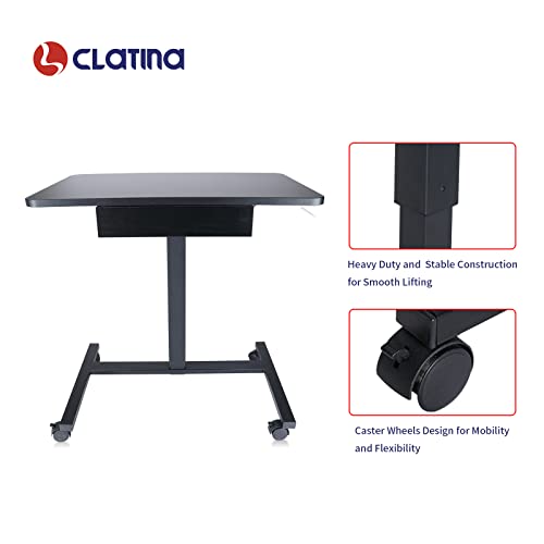 Clatina Mobile Laptop Standing Desk, Height Adjustable Teacher Podium With Lockable Wheels, Adjustable Work Table With Drawer, Computer Cart Overbed Table For Home Office Classroom, Black #TOP5
