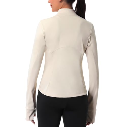 ANIVIVO Jaqueta feminina de corrida atlética com zíper, jaqueta de ioga leve com bolsos, Bege, M