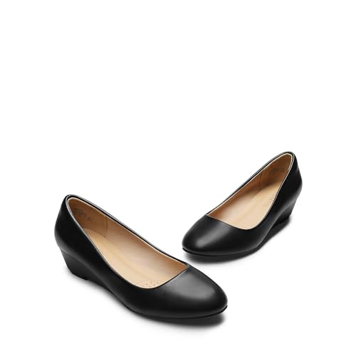 DREAM PAIRS Women's Debbie Mid Wedge Heel Pump Shoes,Size 7.5W,Black-PU,Debbie-W
