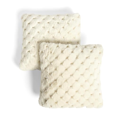 Image of OHS White Cushion Covers 45 x 45cm Soft Jumbo Waffle Fur Decorative Throw Pillow Covers Pack of 2 with Invisible Zipper for Sofa Living Room Bedroom Square Pillowcases