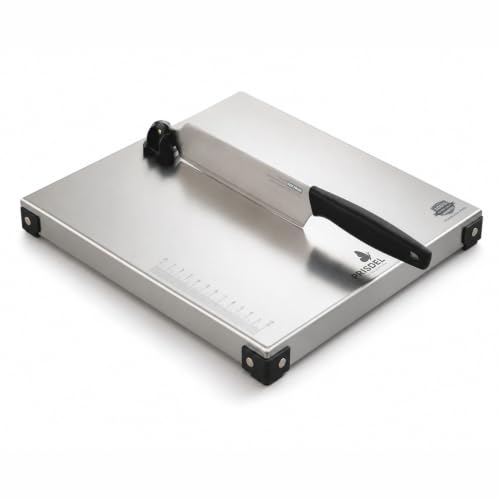 Image of Stainless Steel Chopping Board with Attached Knife | Food Grade Steel Cutting Board for Kitchen | Heavy Duty Metal Vegetable Cutting Board | Rust Resistant, Easy to Clean