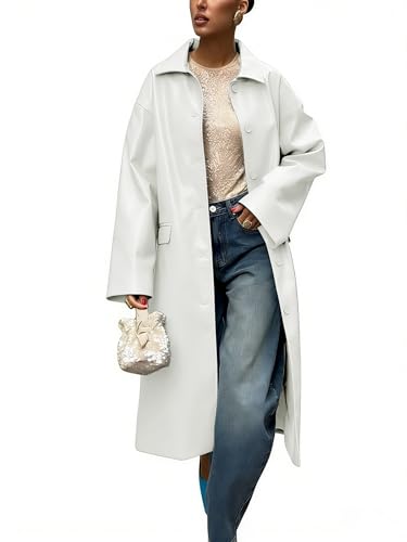 chouyatou Women's Faux Leather Long Trench Coat Casual Lapel Single Breasted Pu Leather Jacket Outerwear Overcoat (Large, White)