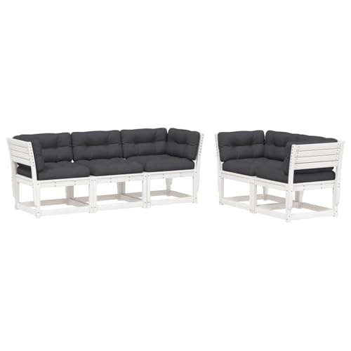 vidaXL Salon de Jardin avec Coussins 5 pcs, Sièges de Patio, Ensemble de Meubles, Mobilier de Terrasse Extérieur, Blanc Bois Massif de Pin