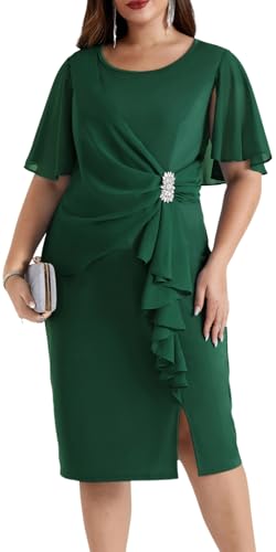 Image of Hanna Nikole Womens Plus Size Chiffon Cape Sleeve Ruffle Ruched Cocktail Party Pencil Dress for Wedding Guest