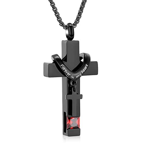 Black Cross Urn Necklace For Ashes Of Loved Ones With Birthstone Always In My Heart Cremation Jewelry Keepsake Pendant Women Men