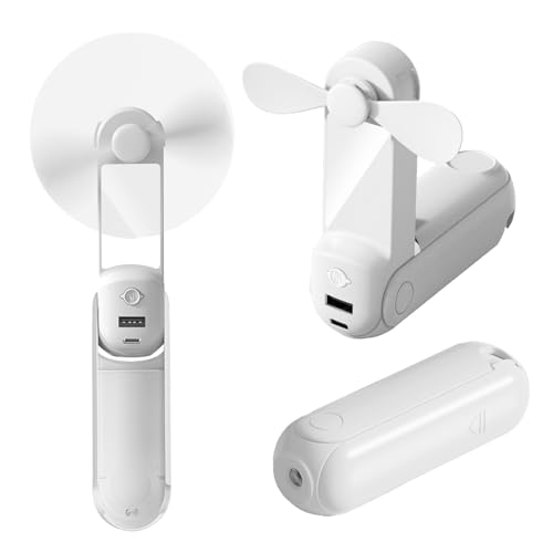 CNMTCCO Ventilatore manuale, mini ventilatore 5 in 1, batteria USB [fino a 13-20 ore di raffreddamento]con corda sospesa, power bank, torcia, specchio e supporto per cellulare per viaggi, estate