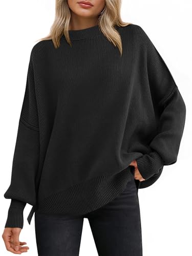Image of ANRABESS Women Oversized Sweaters Batwing Long Sleeve 2026 Fall Outfits Crewneck Casual Knit Side Slit Fashion Pullover Top