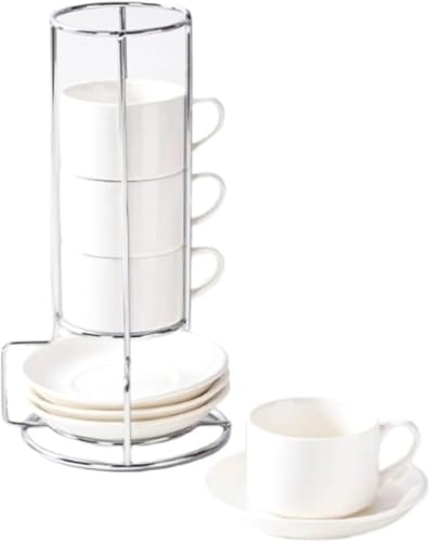 WQNB ヨーロッパスタイルセラミックコーヒーカップ&ソーサーセット - スタック可能なカップデザイン|4 カップ + ソーサー + スタンド付きアフタヌーンティー専用セット (白,3OZ)