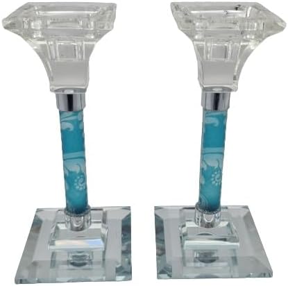 Contemporary Painted Crystal Candlestick Set for Shabbat or Holiday Handmade Original Judaica Art (Blue)