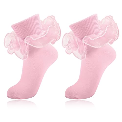 Image of Women Big Ruffle Ankle Socks Adult Double Lace Frilly Turn Cuff Dress Socks Cotton Cute Fancy Bobby Crew Socks