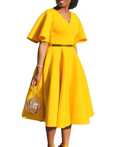Image of SOMTHRON Women's Wrap V-Neck Ruffle Short Sleeve Midi Dress Elegant A Line Flowy Flared Cocktail Church Dress