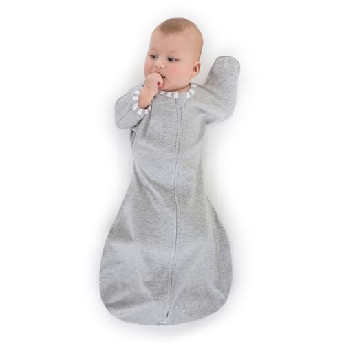 Image of SwaddleDesigns Transitional Swaddle Sack, Arms Up Half-Length Sleeves & Mitten Cuffs, Swaddle for Newborn Transition to Baby Sleep Sack Wearable Blanket, 0-3 Month, 6-14 lb, Gray with Striped Trim