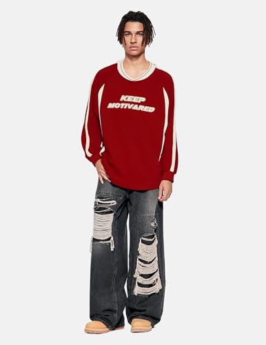 Vamtac Letter Graphic Crewneck Sweatshirts for Men Vintage Color Blocking Long Sleeve Casual Pullover Top