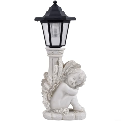 TONIXY Statua antica a colonna romana a forma di angelo inginocchiato, con luce solare per esterni, in resina, resistente alle intemperie, ornamento da giardino in grigio per vialetto o patio (angelo