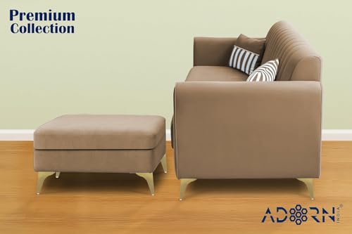 Image of Adorn India Premium Luster 4 Seater L Shape Sofa Set | Velvet Suede Fabric | 3-Year Warranty | Color Camel with Golden Legs & Striped Pattern Cushion