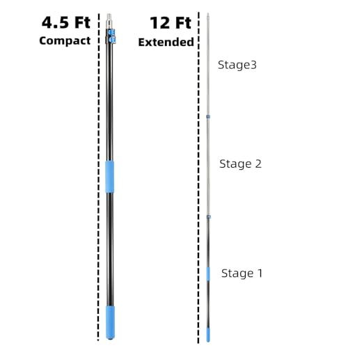 20 Foot High Ceiling Fan Duster with 5-12 Foot Extension Pole, Extendable Reusable Cobweb, Feather, Window Cleaning Squeegee Kit Blue
