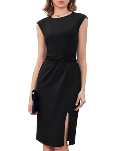 Dressystar 2025 Women's Crew Neck Belted Side Slit Business Work Office Dress Cap Sleeve Sheath Midi Church Dresses
