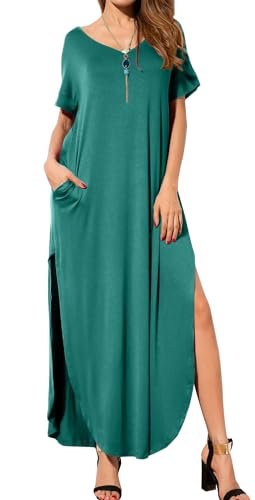 Image of GRECERELLE Women's Summer Maxi Dress Casual Loose V Neck Short Sleeve Side Split Long Dresses with Functional Pockets
