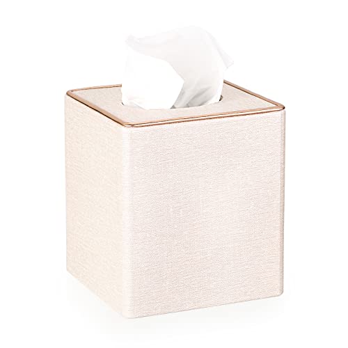 TOLIDA Caja de Pañuelos- Cuadrado de PU Lino Beige con Bordes Dorados Tissue Box Caja de Pañuelos Decorativa para Cuarto de Baño Sala de Estar Tocador Mesita de Noche