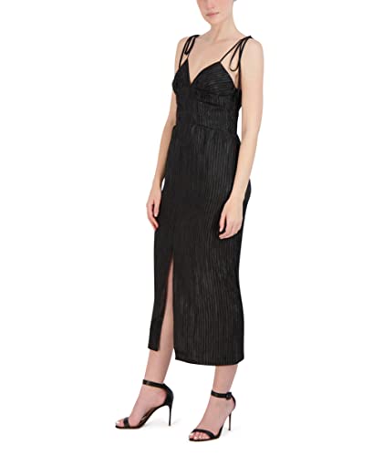 Bcbgmaxazria Women's Sleeveless Tea Length Cocktail Dress Tie Spaghetti Strap Ruched Bodice Front Slit, Black, 6 #TOP1