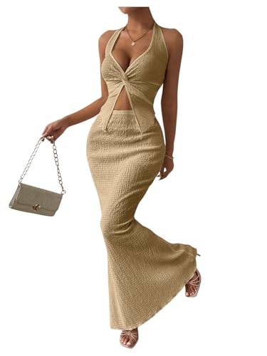Image of SOLY HUX Women's Two Piece Outfits Twist Front Halter Cami Tops and Skirt Summer Set
