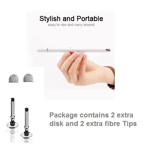 Image of Dyazo 2 Way Capacitive Stylus Pen Aluminium fine Point Compatible with All Touch Screen iOS, Android Phones & Tables,with 2 Extra Disk & 2 Extra Rubbers,White