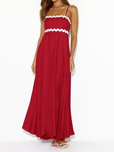 Image of PRETTYGARDEN Women Spaghetti Strap Boho Maxi Dresses Flowy | Sleeveless Smocked Long Dress, Striped Trim Flowy Dress Pockets, Elegant Square Neck Beach Sundress, Casual Summer Outfits