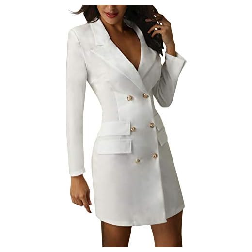 Minetom Mujer Blazer Manga Larga Chaqueta del Traje Mini Vestido Oficina Negocios Parte OL Cuello en V Botón Chaqueta Abrigo Blanco ES 38