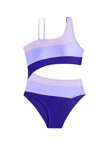 Floerns Girl's One Piece Swimsuits Colorblock Asymmetrical Neck Cut Out Kids Swimwear