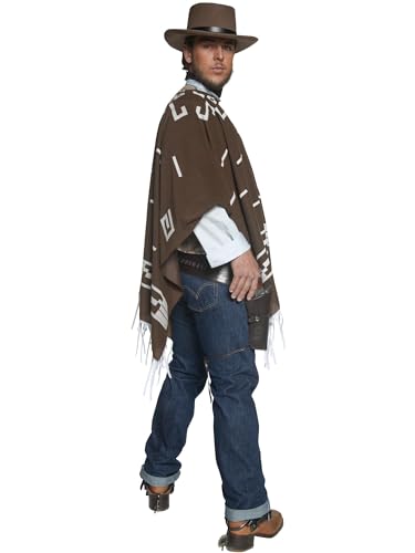 Smiffys Authentic Western Wandering Gunman Costume, Brown with Poncho, Vest with Faux Shirt and Neckscarf, Cowboys and Indians Fancy Dress, Adult Dress Up Costumes