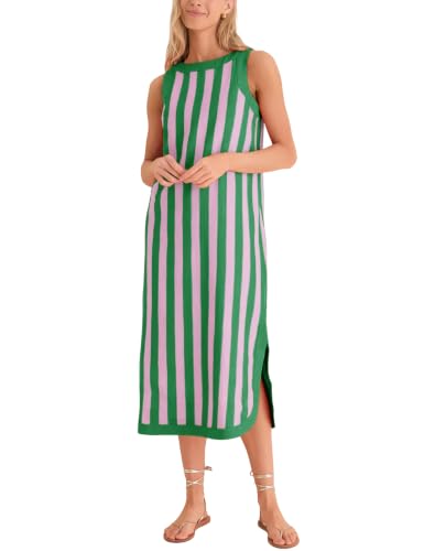 Yidarer Womens Striped Midi Dress Sleeveless Crewneck Side Slit Casual Summer Beach Vacation...